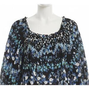 Worthington Blouse Women XL Black Blue Floral Pleated Smocked Peasant Top Boho